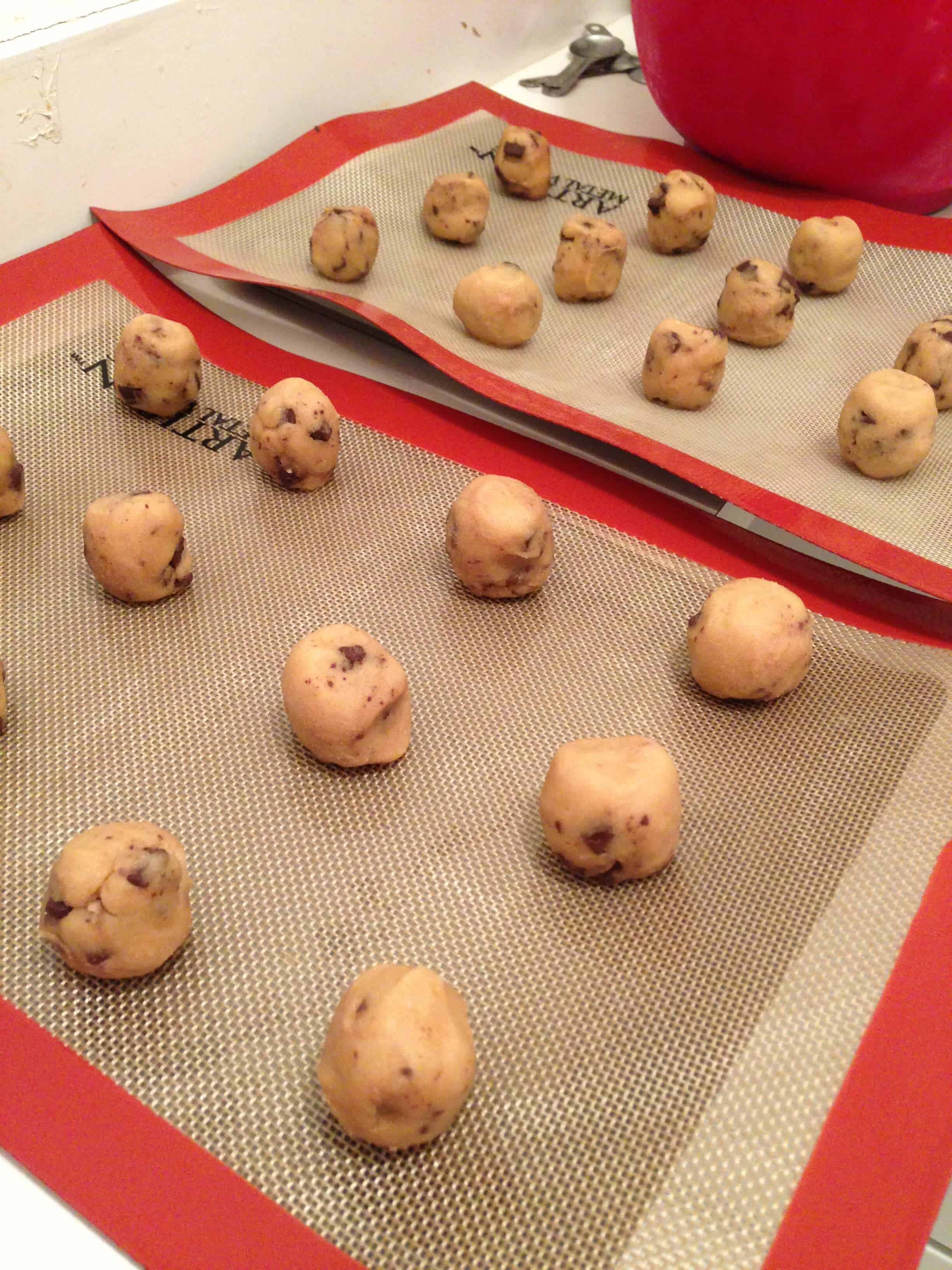 image of chewy chocolate chip cookie dough ready to be baked