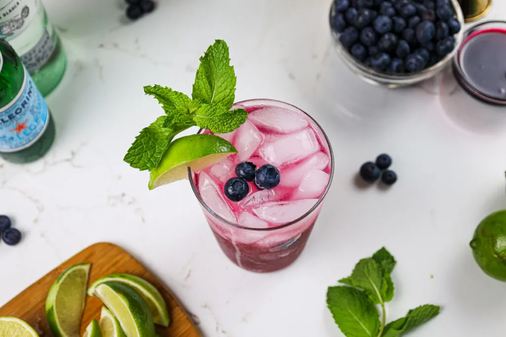 image of a blueberry mojito garnished with fresh blueberries, a sprig of min and a lime wedge