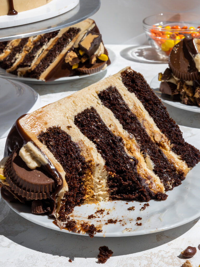 image of a slice of peanut butter chocolate cake that's been cut into to show its delicious reese's filling