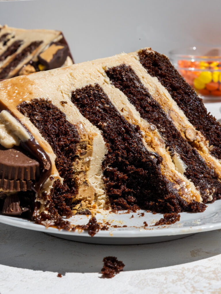 image of a slice of peanut butter chocolate cake that's been cut into to show its delicious reese's filling