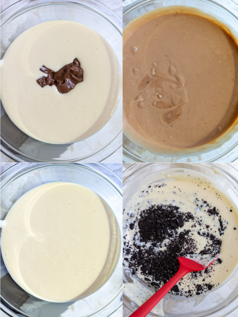 image of nutella cheesecake batter and oreo cheesecake batter being made in two separate bowls