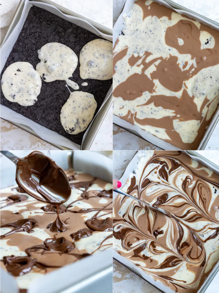 image of nutella cheesecake bars being swirled together before being baked