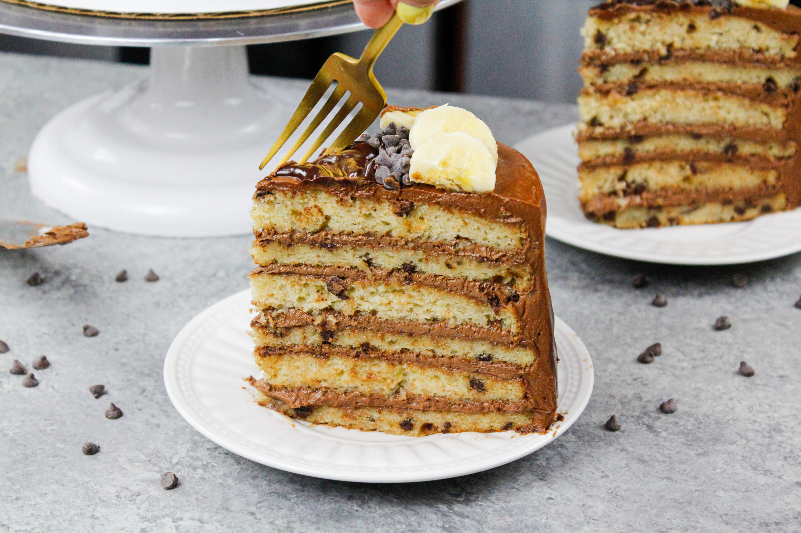 Chocolate Chip Banana Cake with Decadent Chocolate Frosting