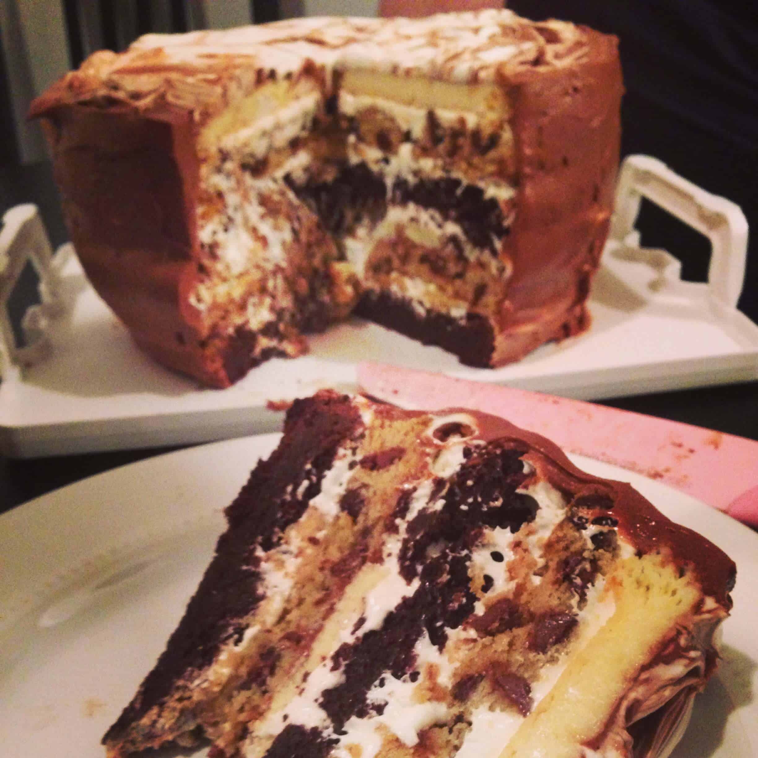 image of a seven Layer S'mores Cake that's been cut into to show its different layers
