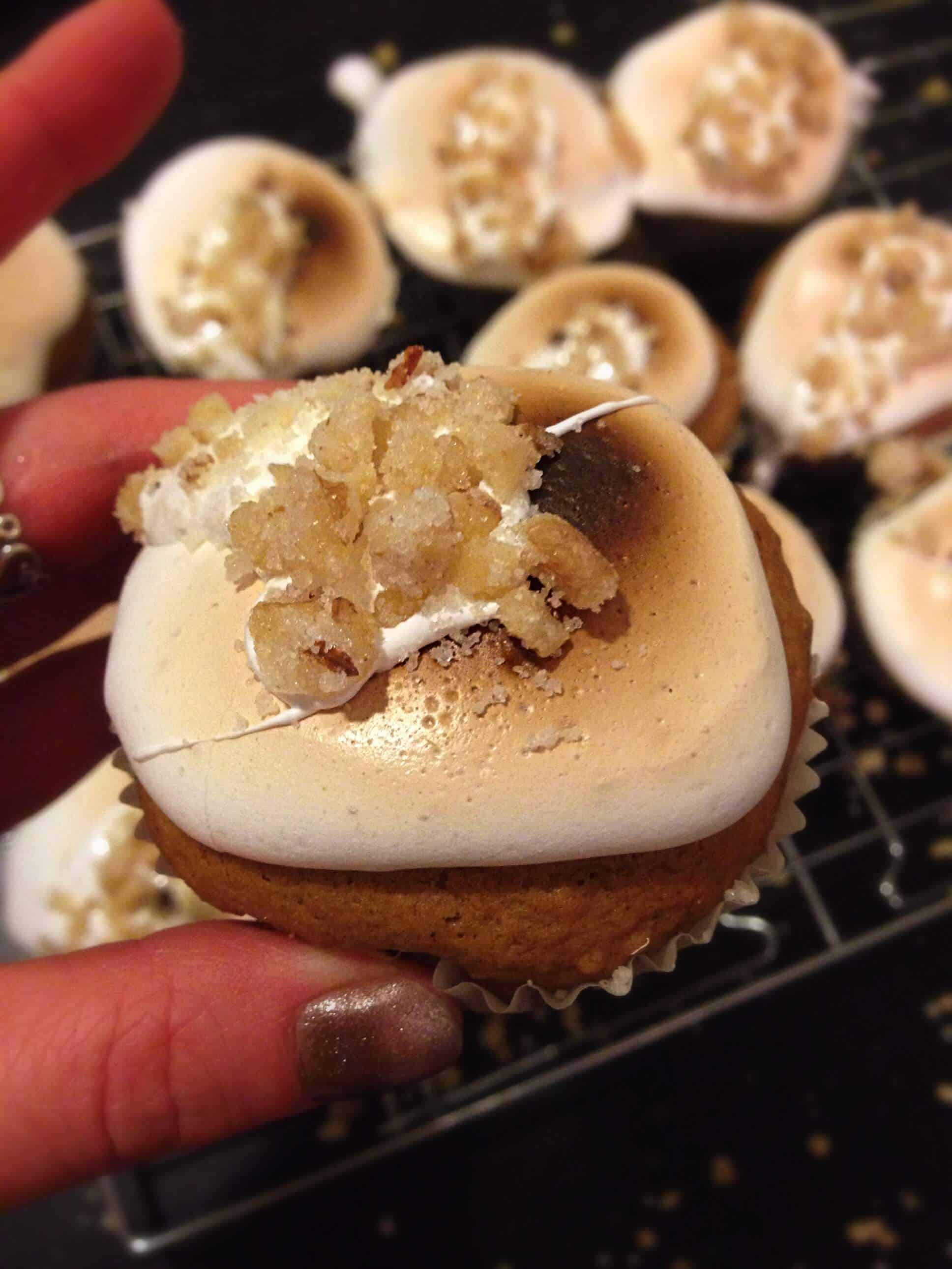 image of sweet potato cupcakes topped with toasted meringue and toasted nuts