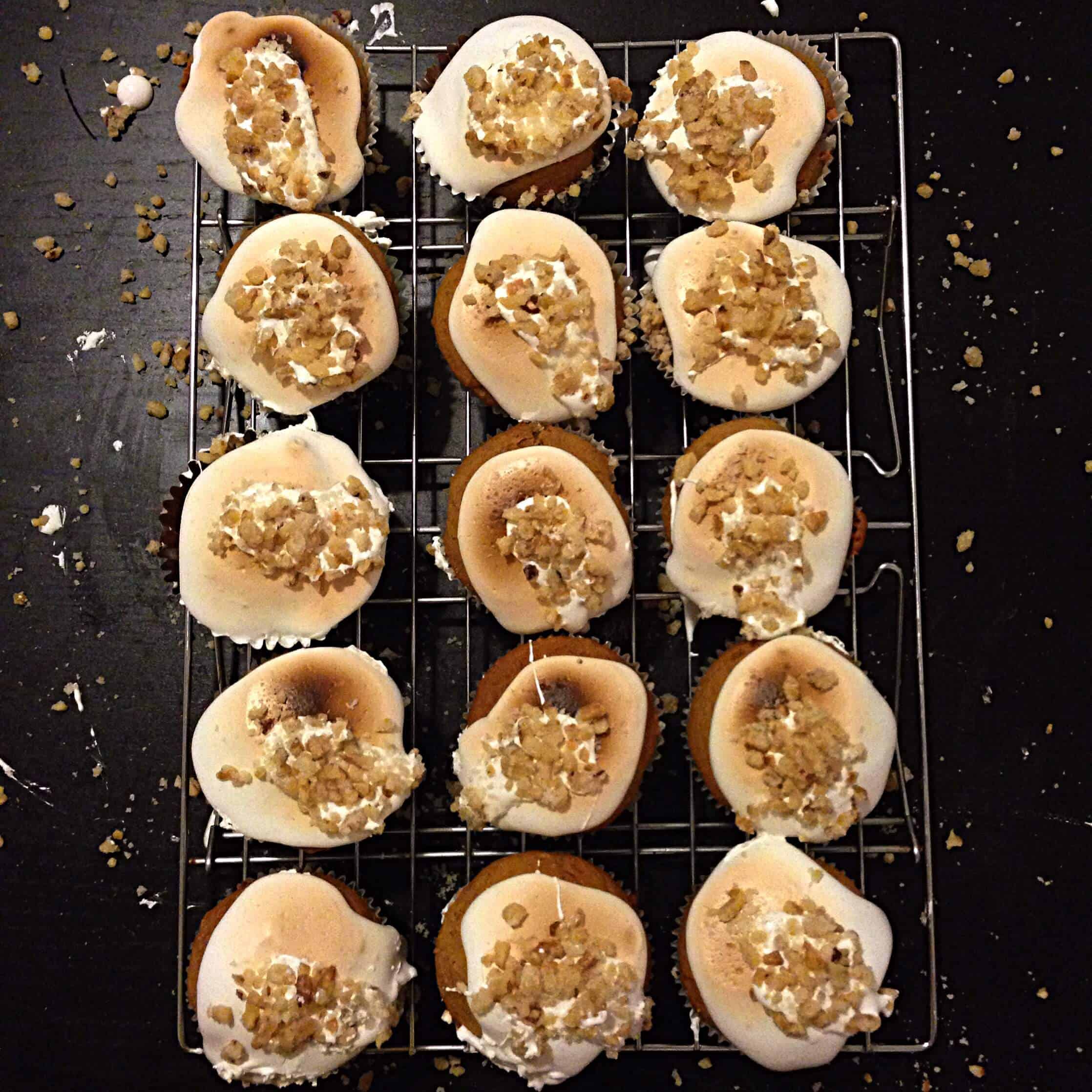 image of sweet potato cupcakes topped with toasted meringue and toasted nuts