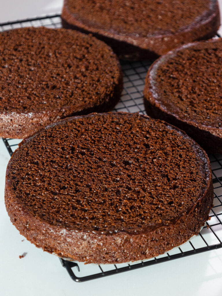 image of baked and leveled moist chocolate cake layers