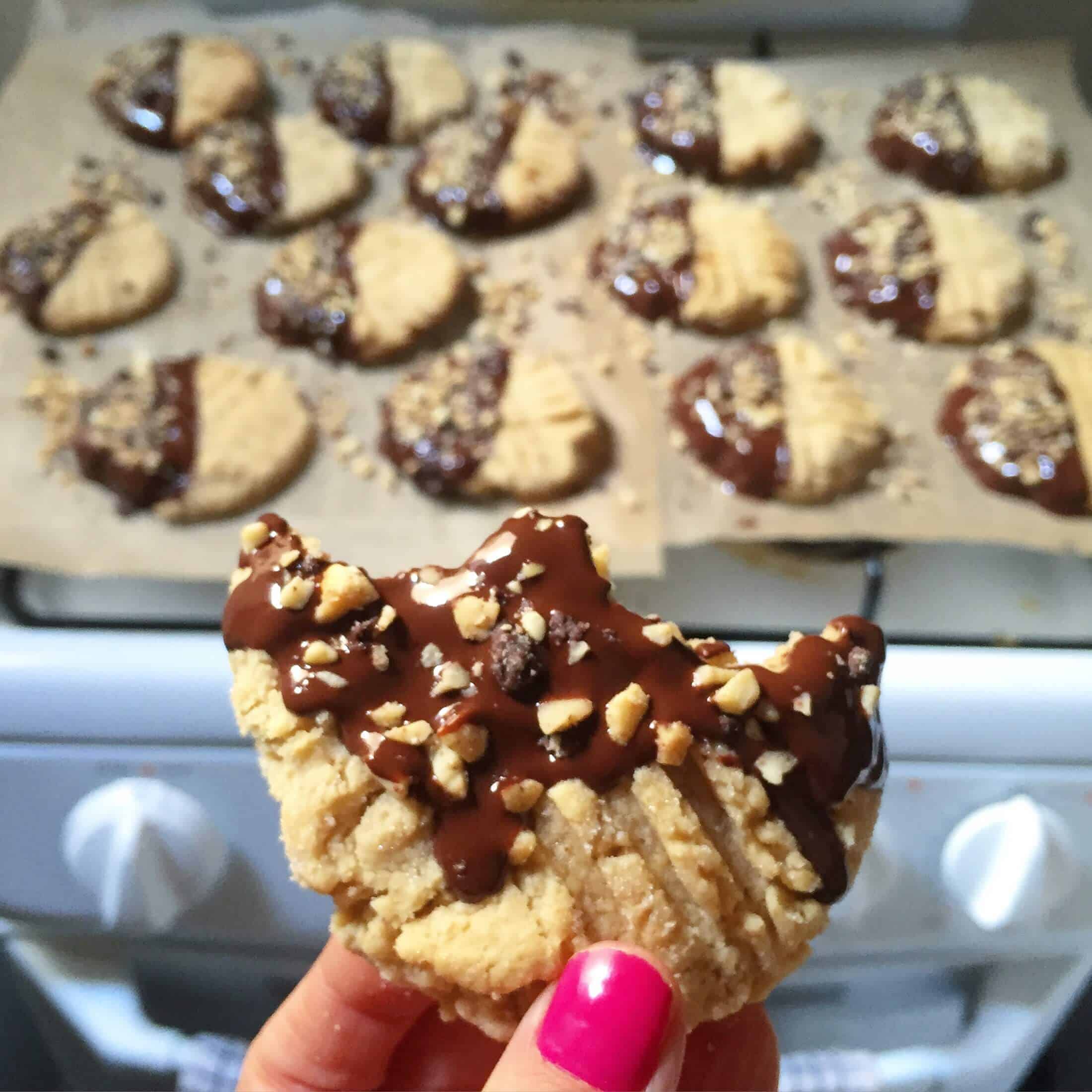 image of chocolate dipped peanut butter cookie topped with chopped peanuts
