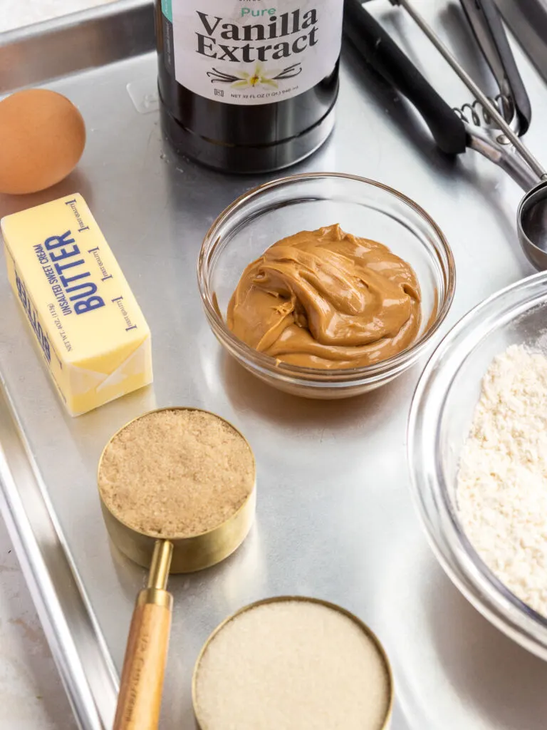 image of ingredients laid out to make chocolate dipped peanut butter cookies