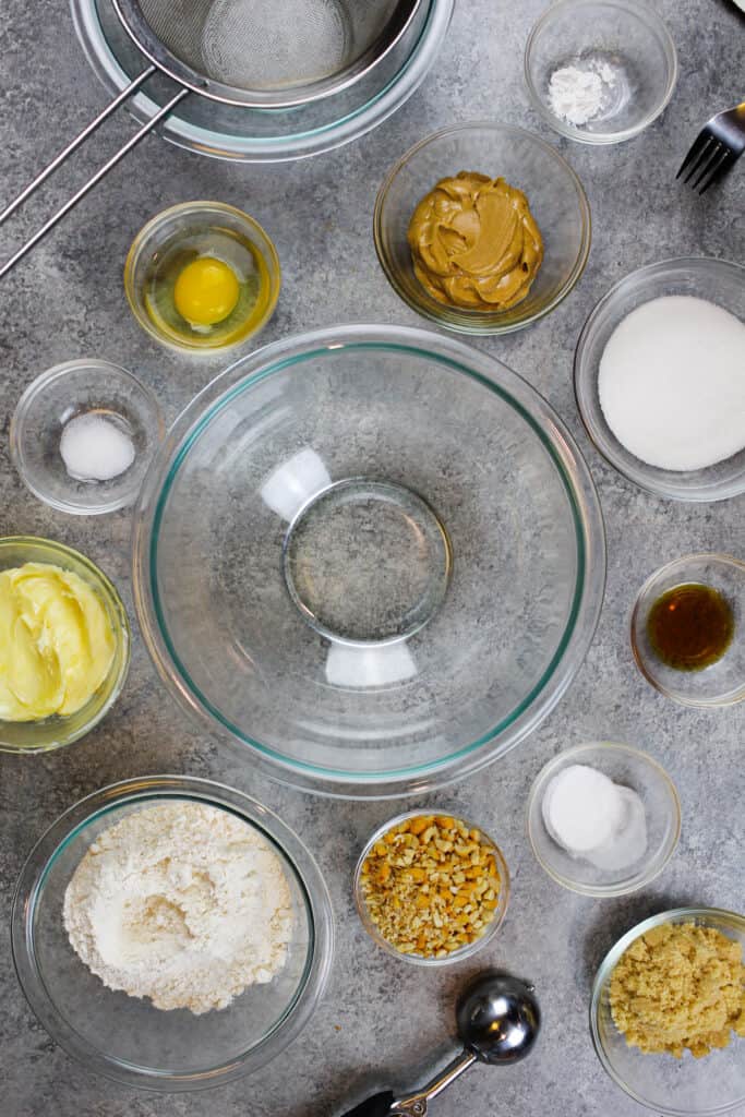 image of ingredients laid out to make soft and chewy peanut butter cookies