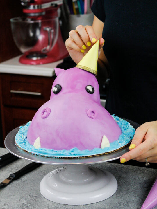 image of an easy buttercream hippo cake made for a child's birthday party