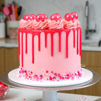 image of a bubblegum cake that's been made with bubblegum cake layers and pink bubblegum frosting