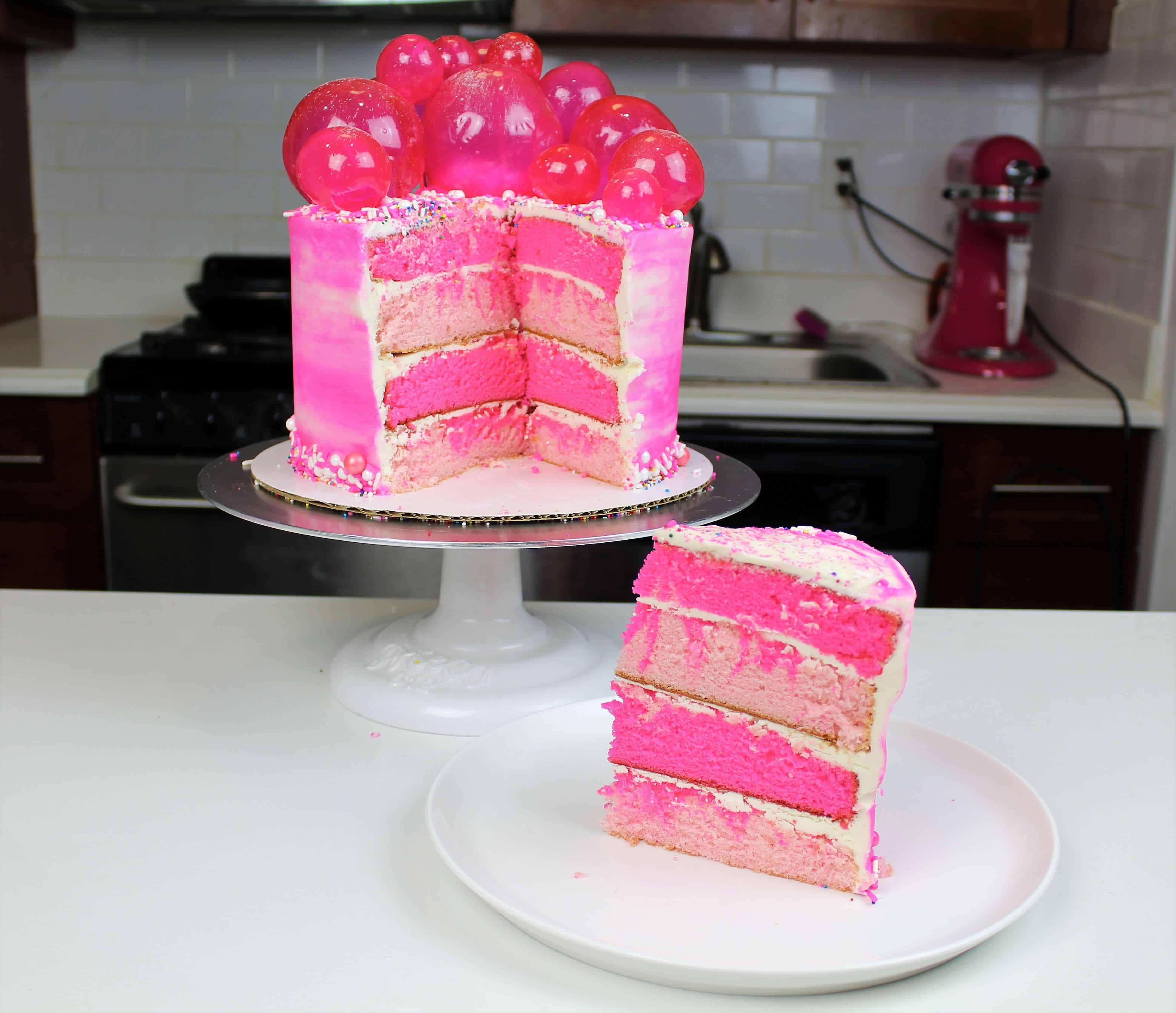image of a bubble gum cake decorated with gelatin bubbles