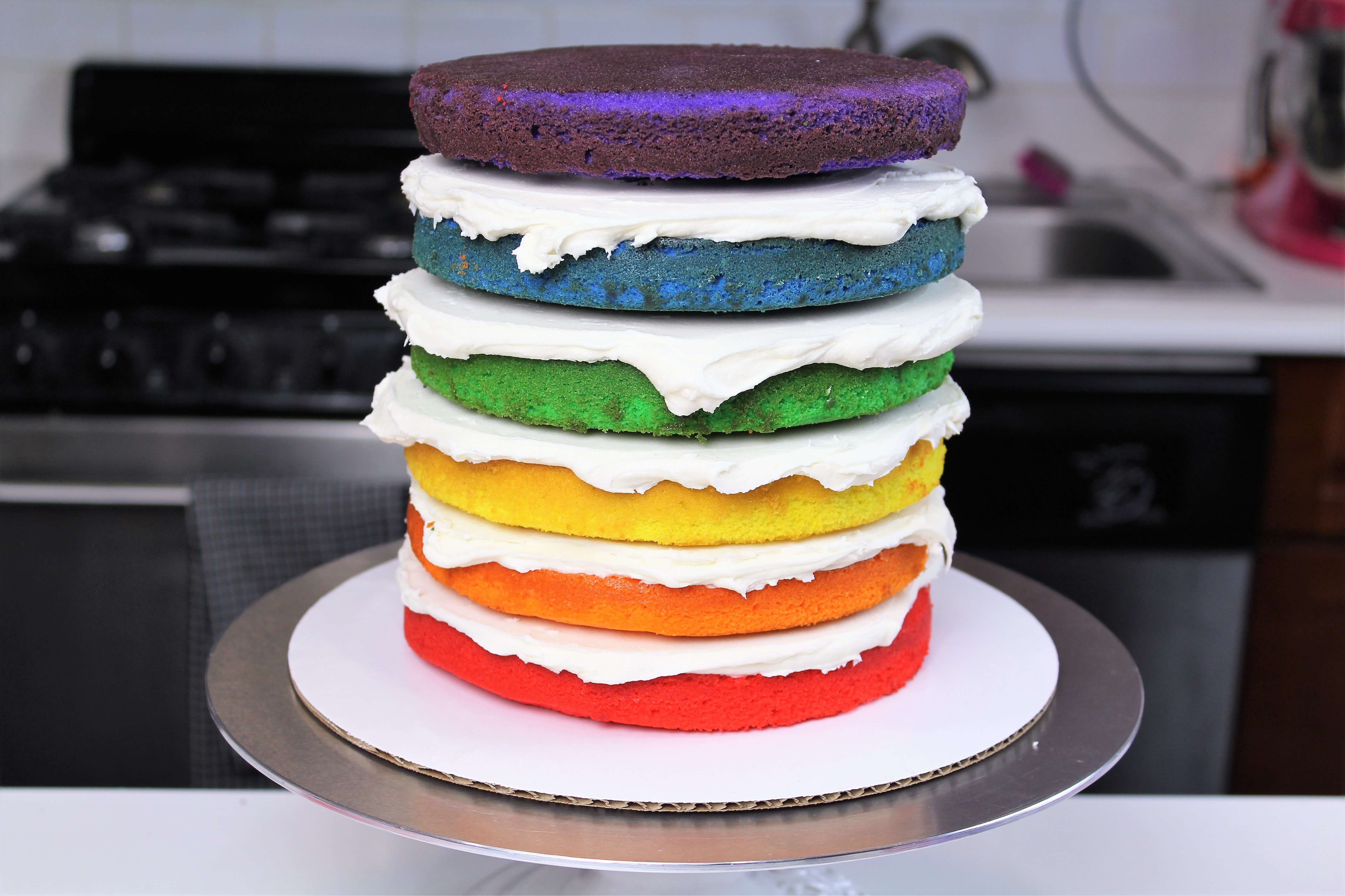 image of freezing cake layers, thawed and stacked after being made a week in advance
