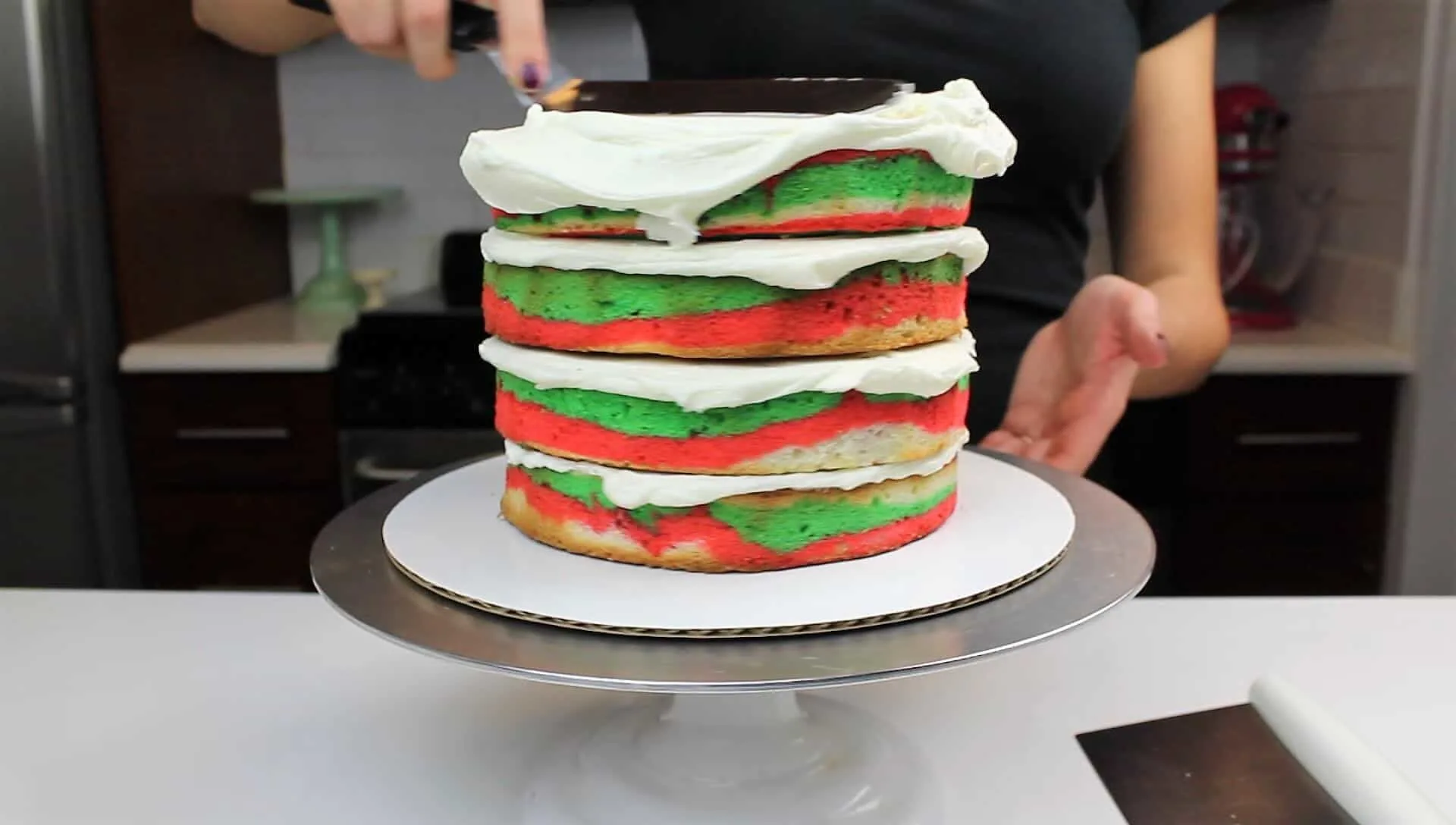 Image of festive red white and green cake layers