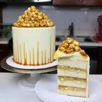 caramel corn cake with an upside down caramel drip