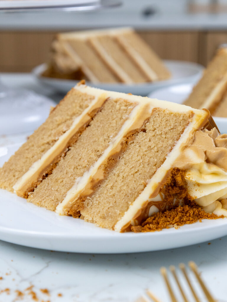 image of a slice of biscoff cake on a plate