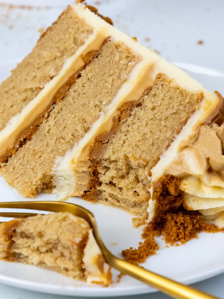 image of a slice of biscoff cake on a plate