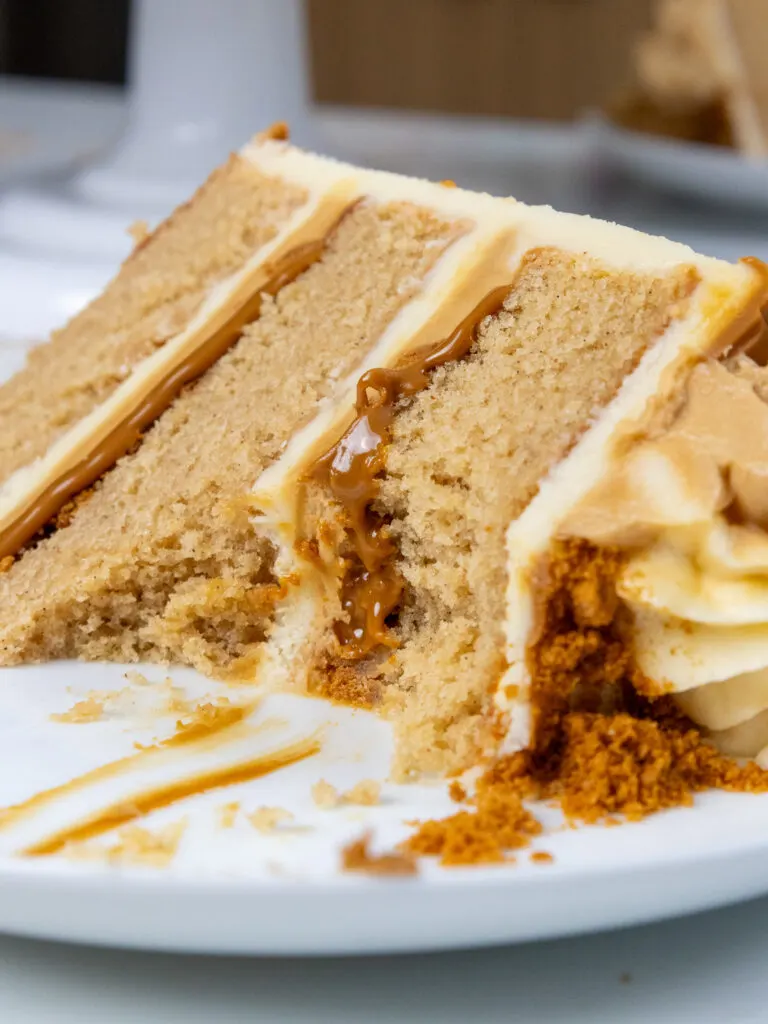 image of a slice of biscoff cake on a plate
