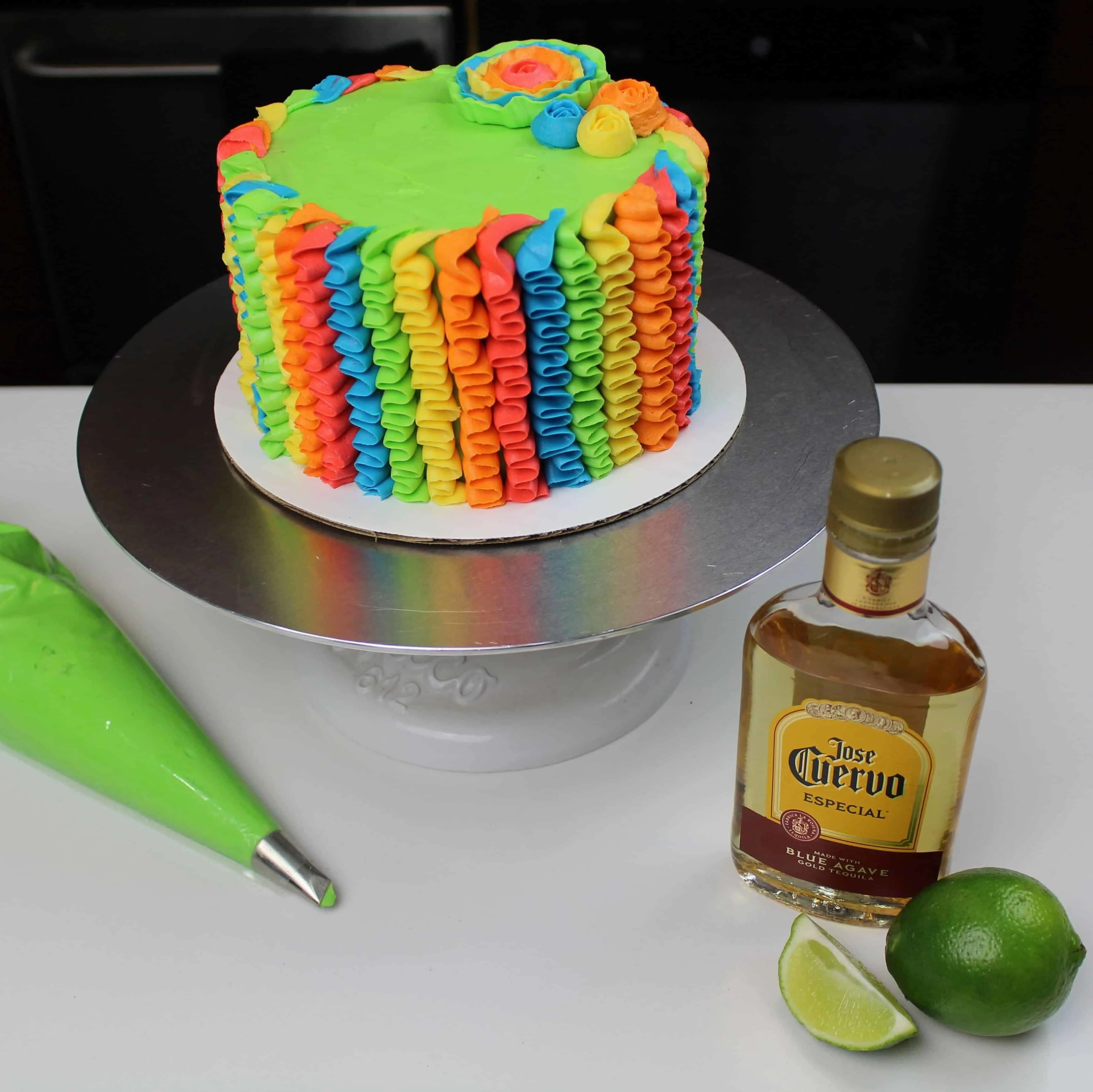 uncut tequila lime cake decorated with buttercream ruffles