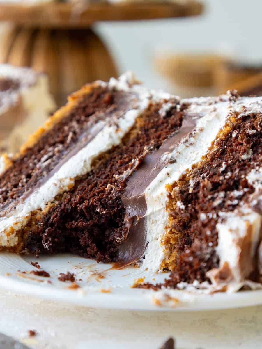 image of a smores cake that's been filled with milk chocolate ganache and toasted meringue buttercream