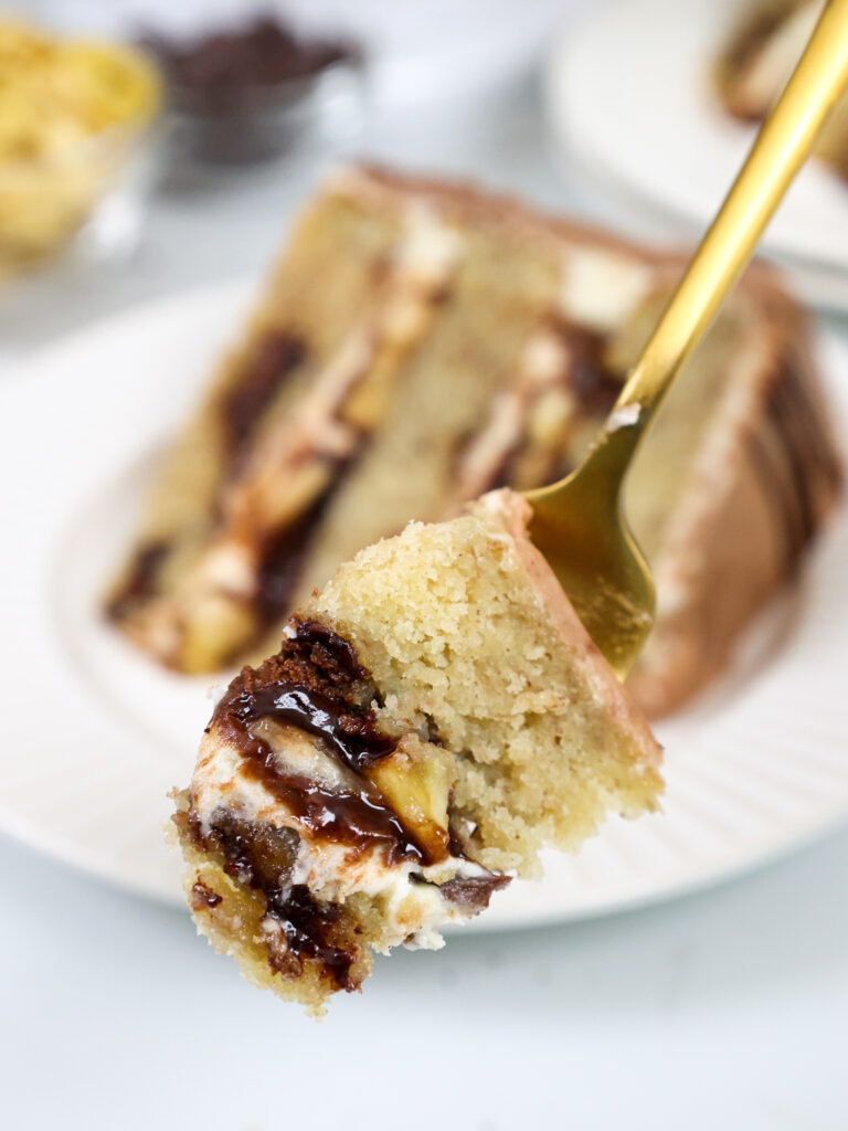 image of a bite of banana nutella cake on a fork