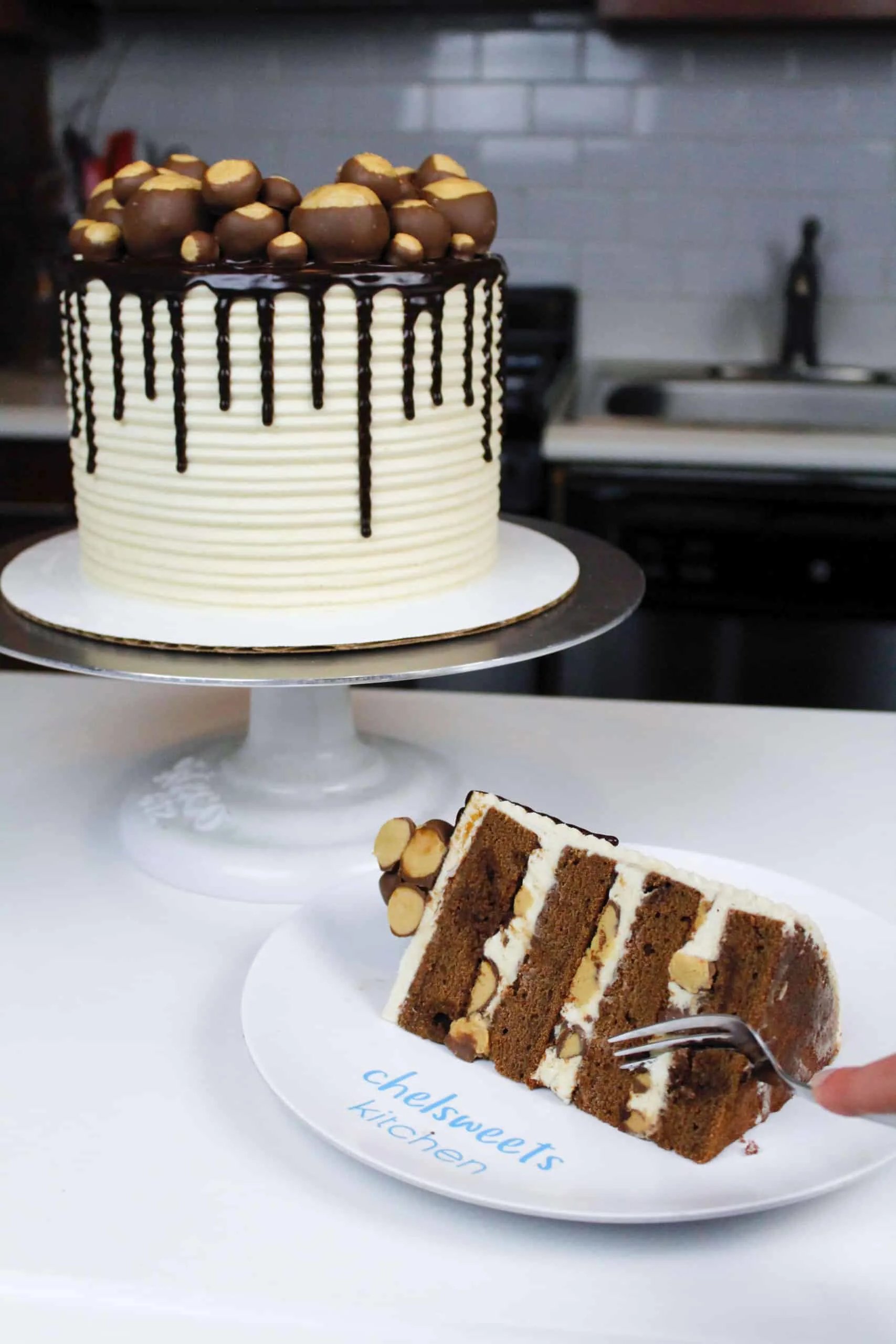 image of buckeye cake sliced with peanut butter buttercream