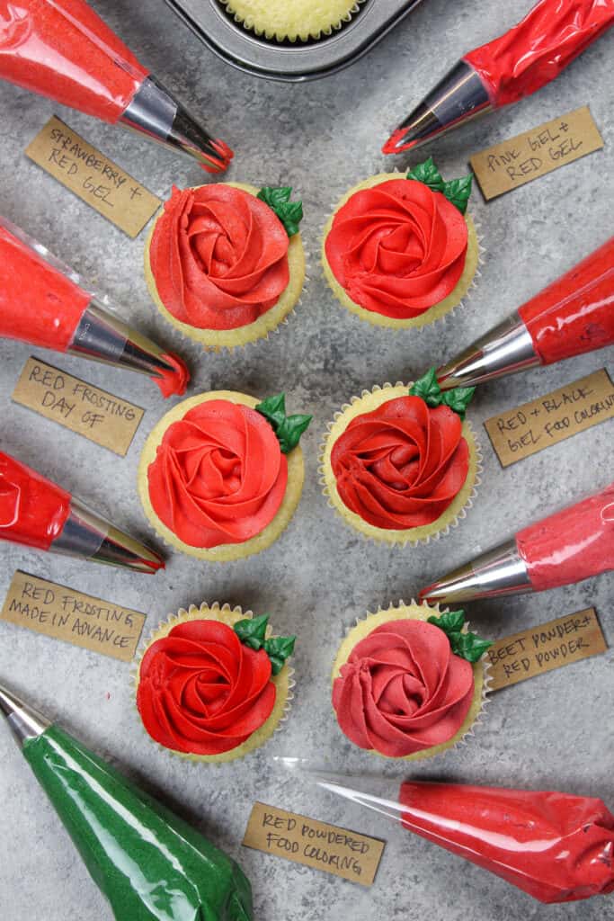 image of red buttercream made with different types of food coloring, red powdered food coloring, and natural food coloring like beet powder