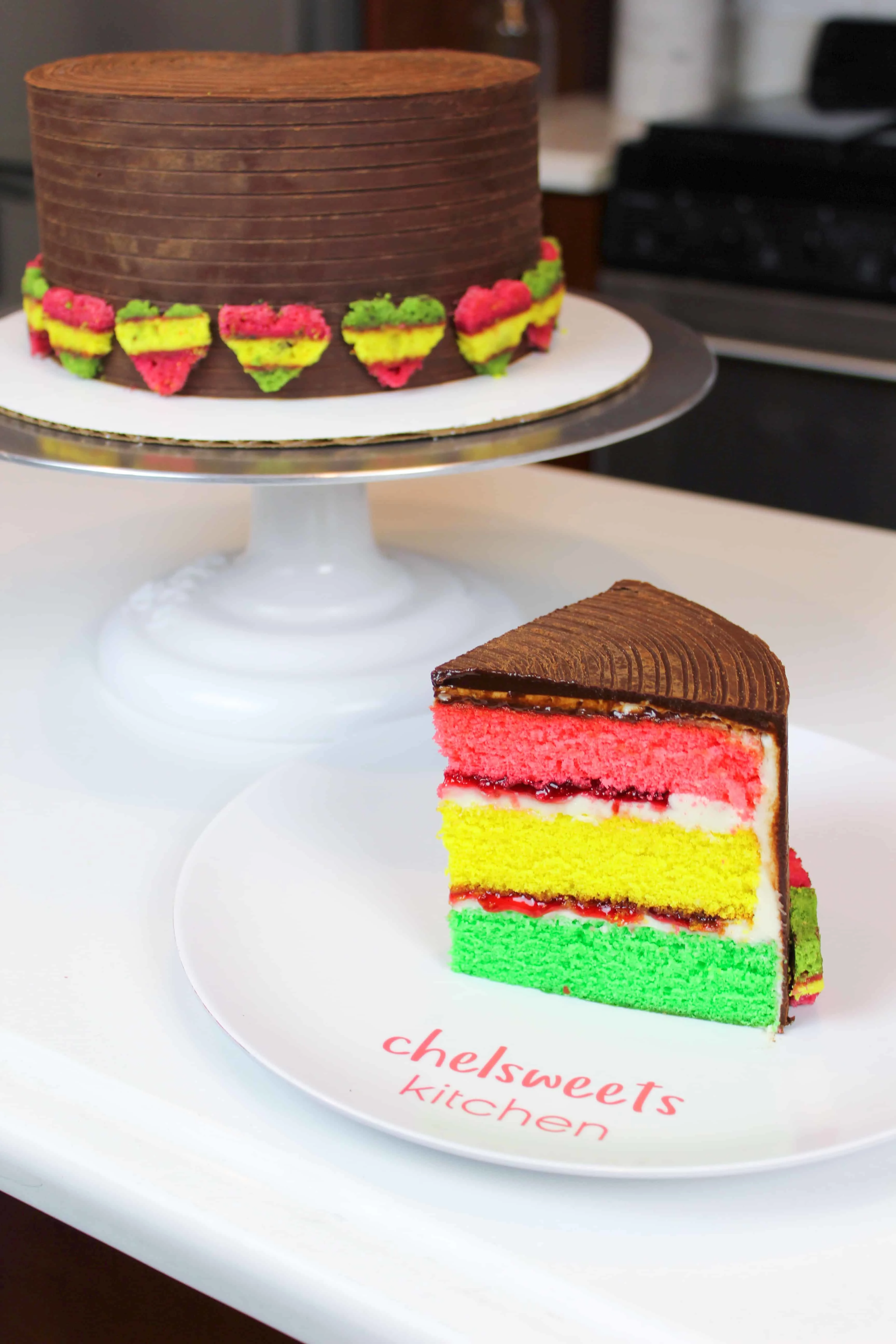 Italian rainbow cookie cake, sliced