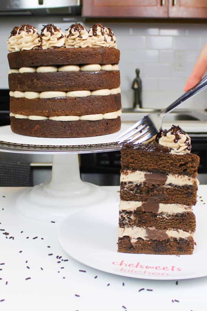 This naked chocolate cake is filled with chocolate ganache and a whipped chocolate buttercream