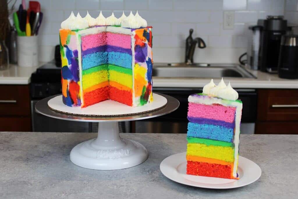 rainbow layer cake recipe, made with 4 cake layers
