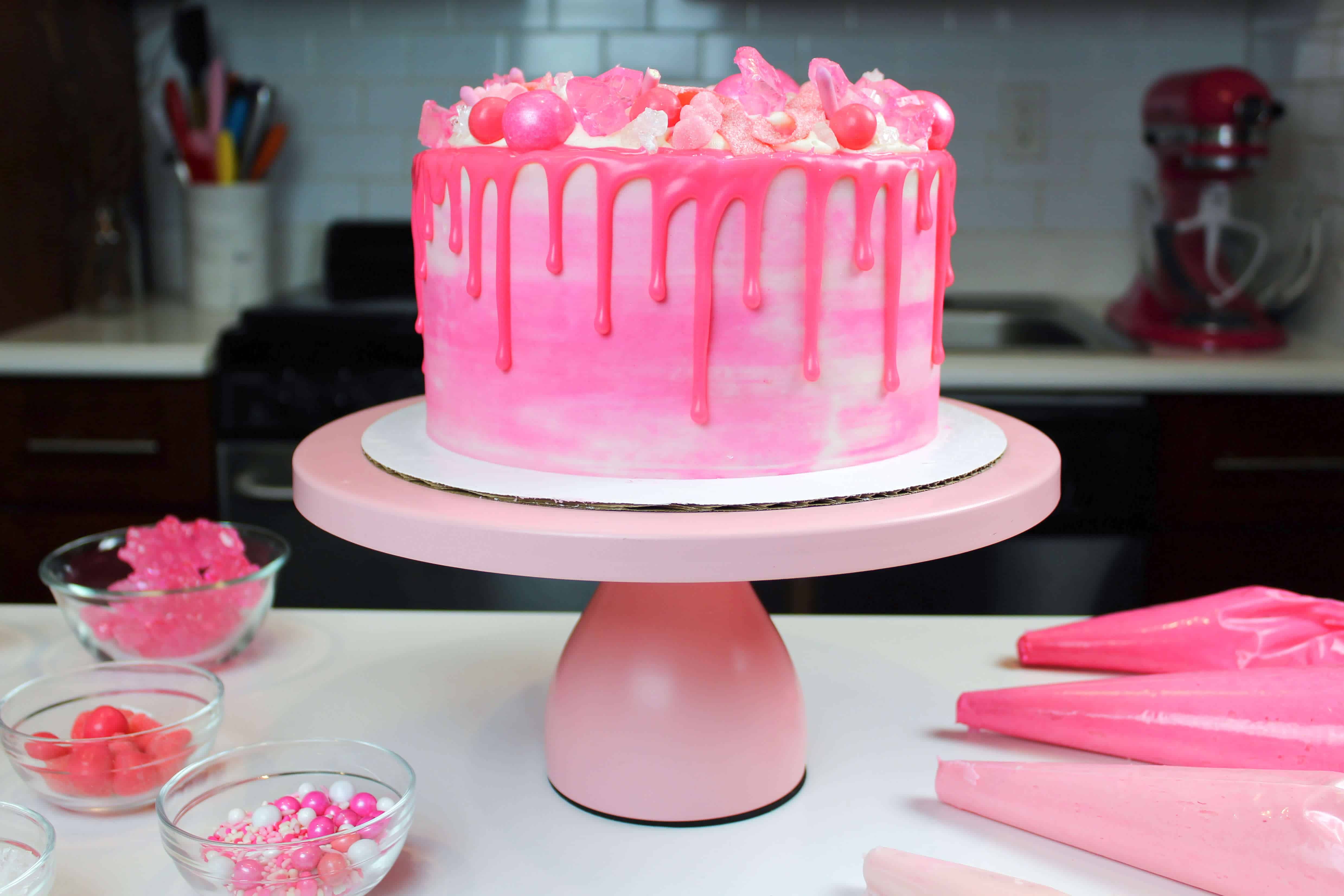 image of a pink drip cake