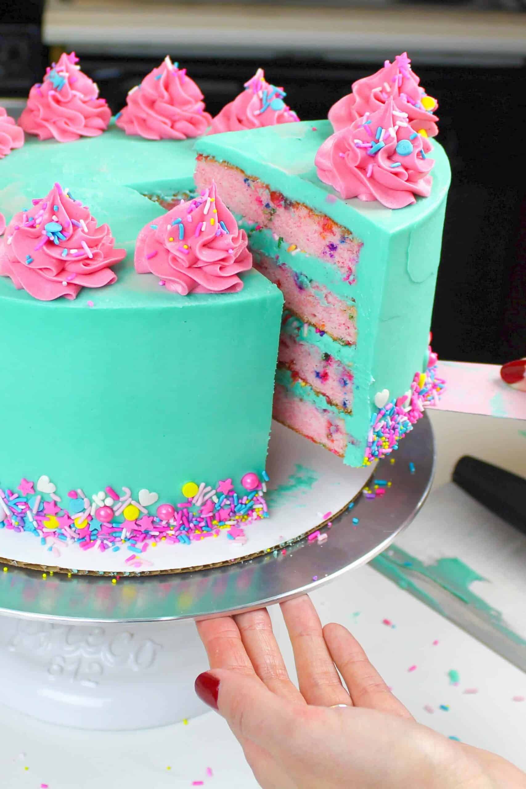 blue and pink funfetti cake image