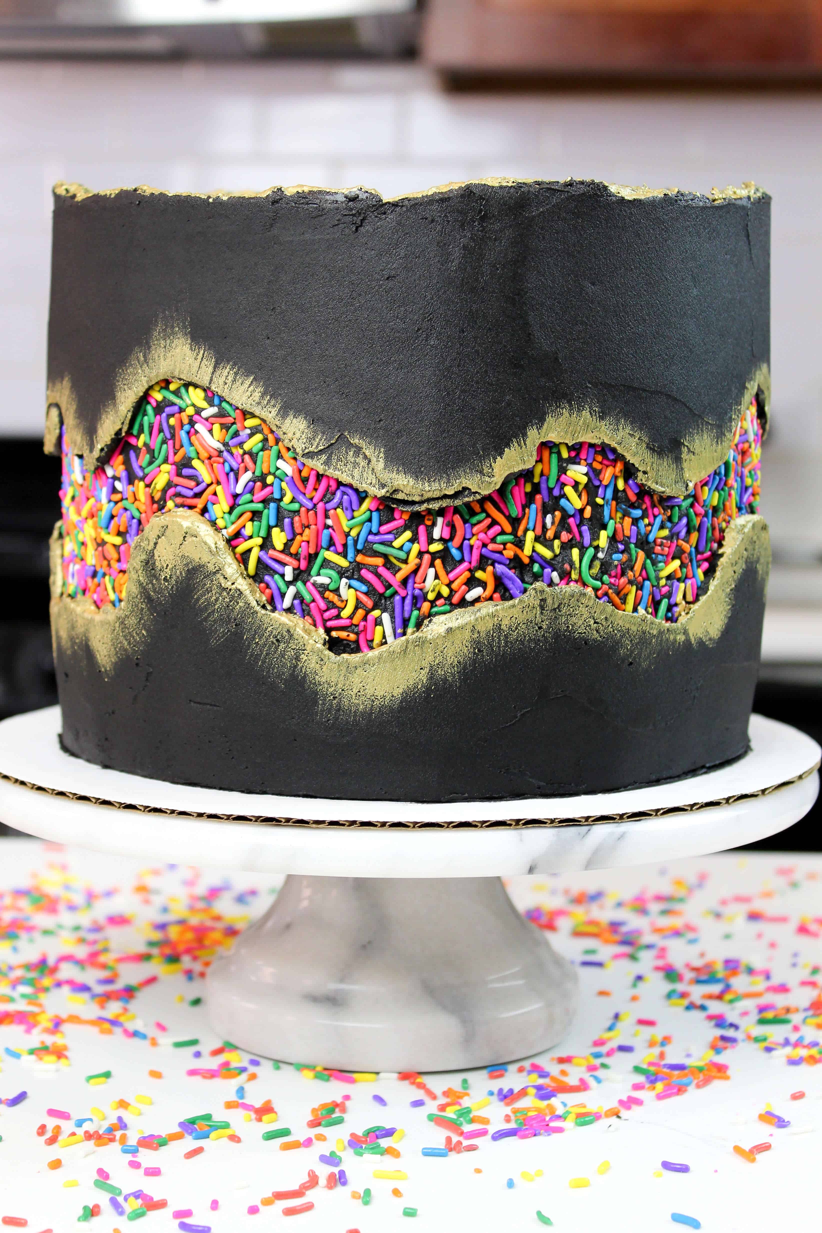 Sprinkle Fault Line Cake Funfetti Cake Frosted With Black Buttercream   Vertical Sprinkle Cake Uncut 1 