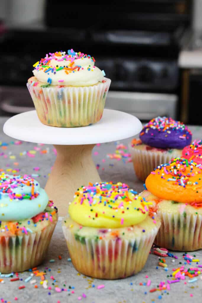 one bowl funfetti cupcakes, decorated with colorful frosting and rainbow sprinkles
