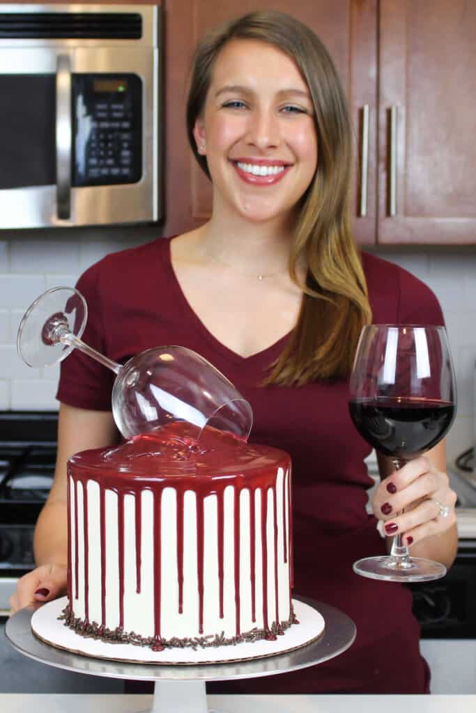 photo of chelsey white with spilled red wine chocolate cake