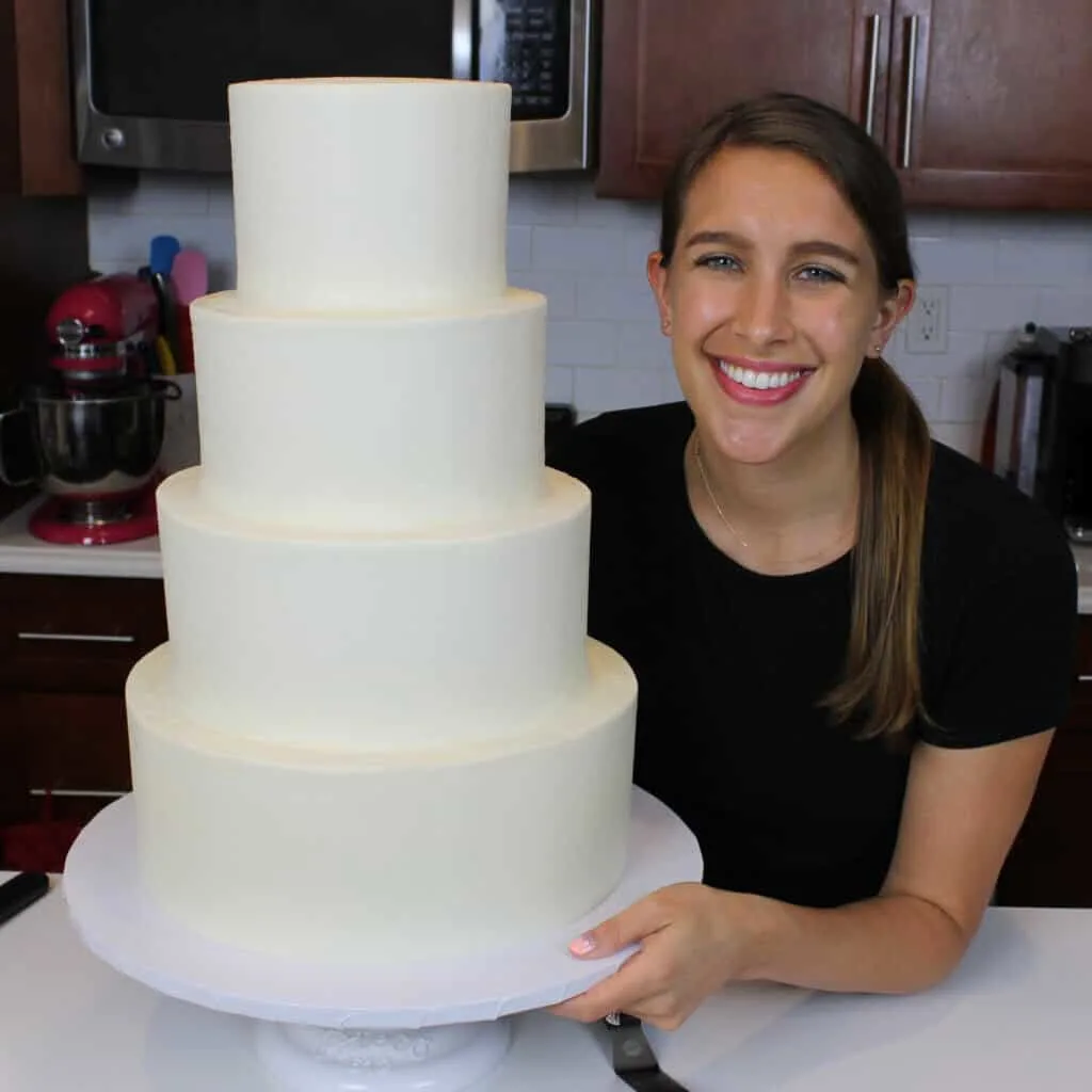 image of assembling a tiered cake  made as part of a cake portion guide to show how many people this cake will feed