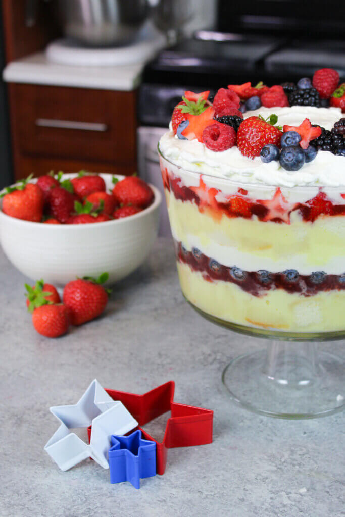 image of pretty trifle with strawberries, blueberries and blackberries