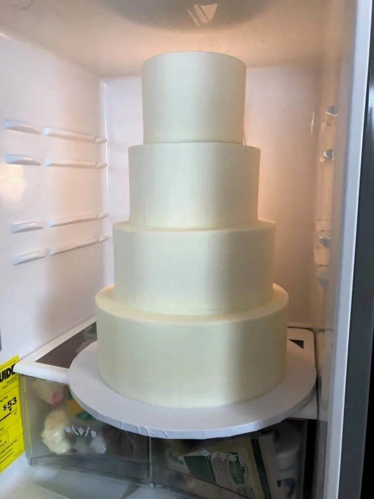 photo of wedding cake in normal fridge with 16 inch base
