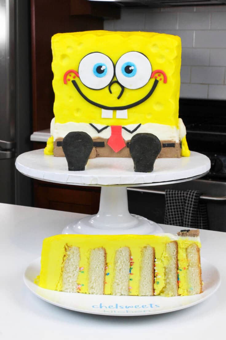 sliced spongebob cake made with yellow buttercream