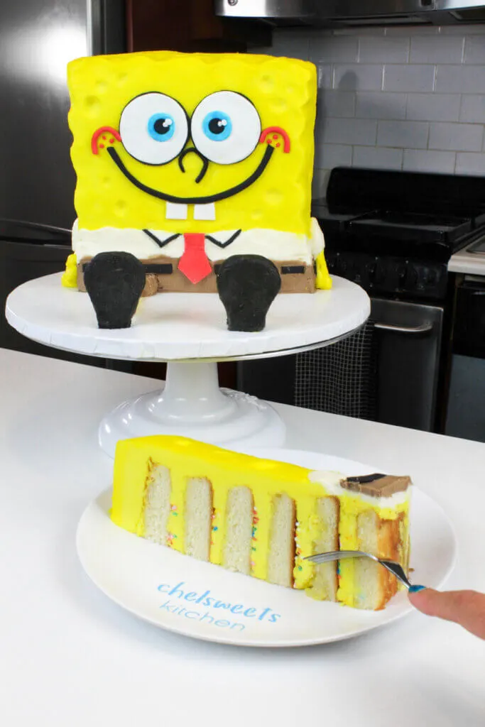 slice of six layer spongebob cake