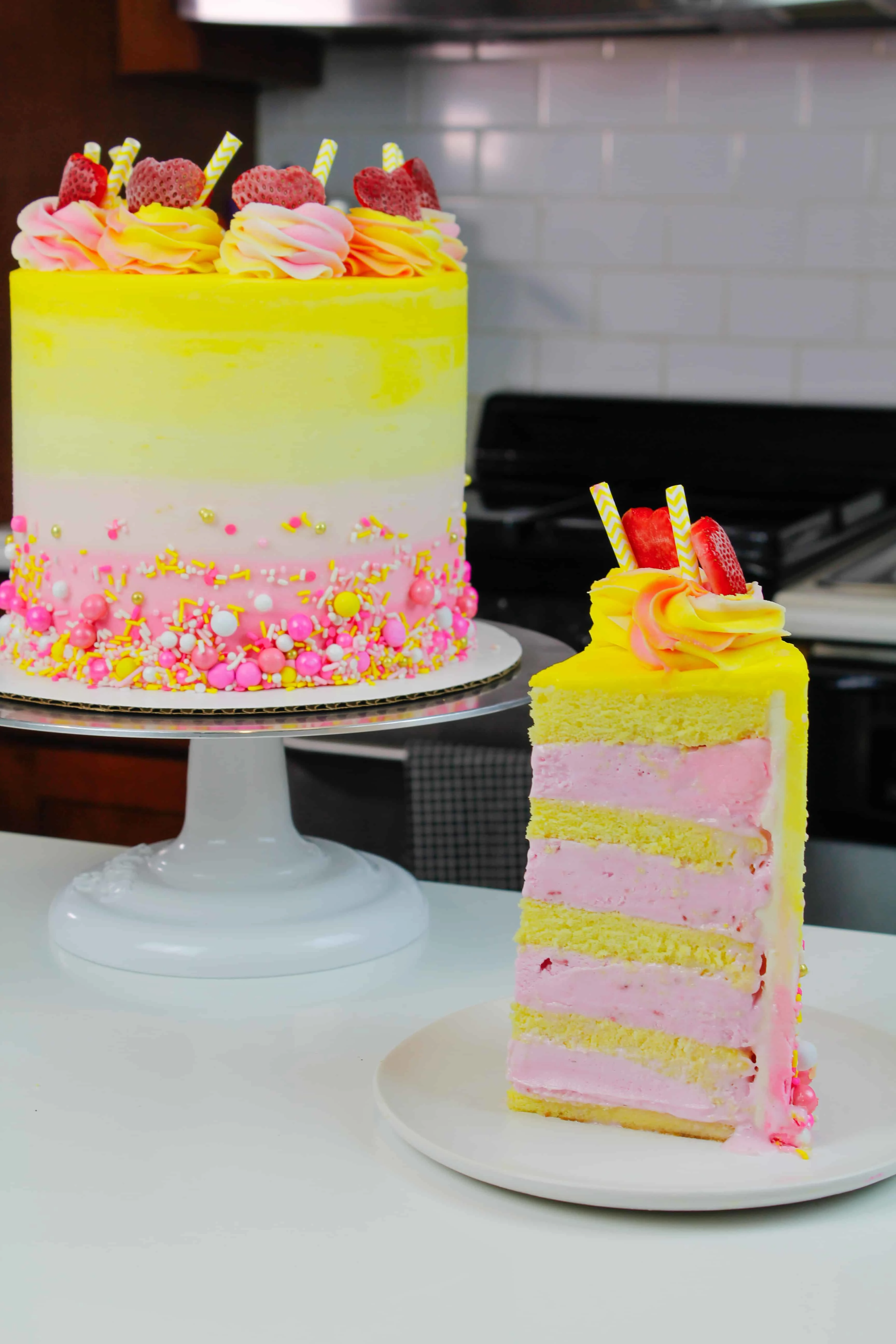 pink lemonade ice cream cake sliced