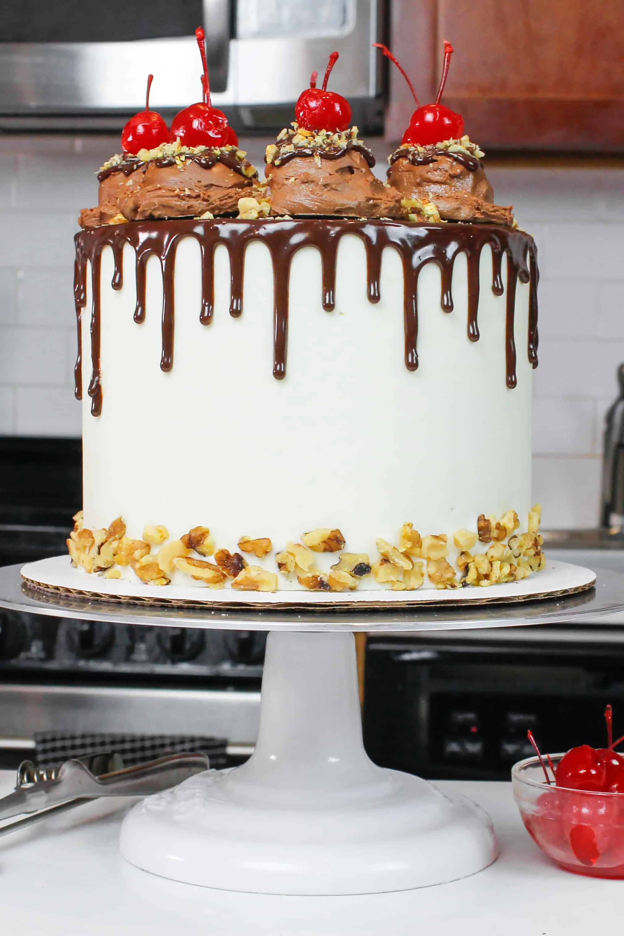 finished rocky road chocolate cake with chocolate drip