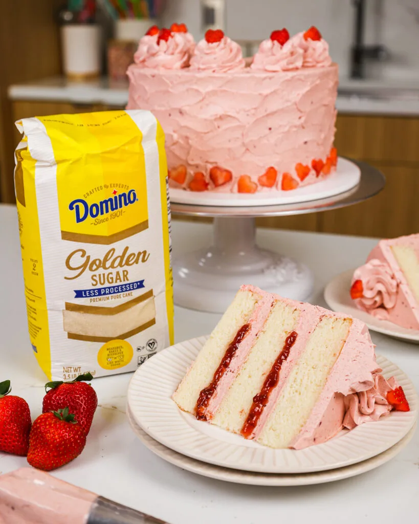 image of a golden strawberry cake made as part of a partnership with domino sugar