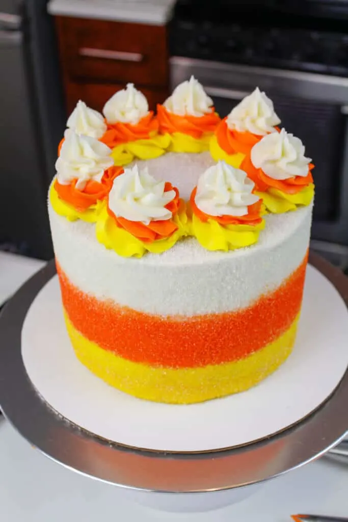 image of finished candy corn cake from a higher angle