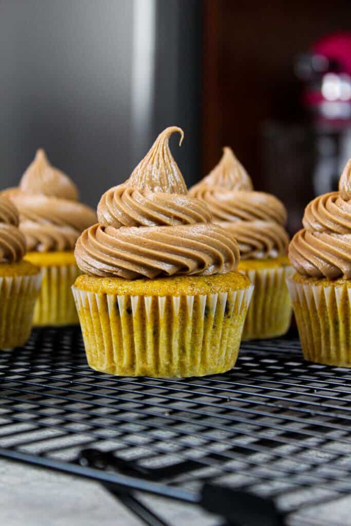 image of pumpkin cupcakes frosted with a chocolate cream cheese buttercream frosting