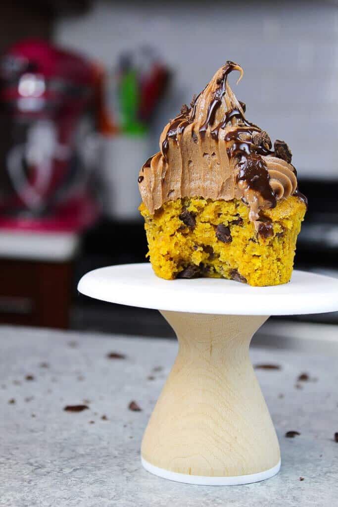 image of the inside of a chocolate chip pumpkin cupcake, that has been bitten into
