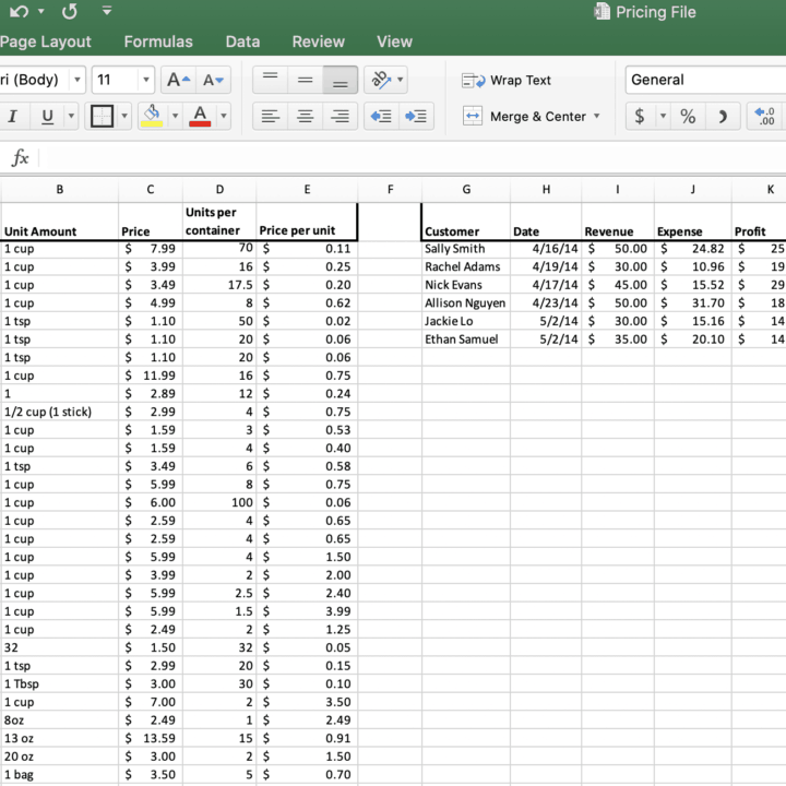 afbeelding van de taart prijzen excel spread sheet