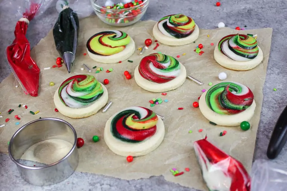 image of christmas sugar cookies decorated with buttercream