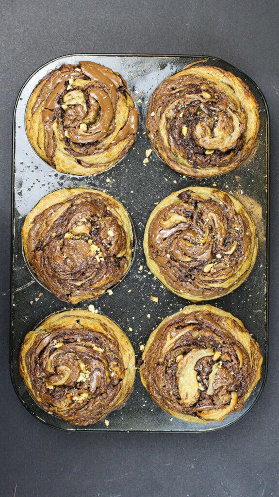 image of nutella banana muffins from above in baking pan